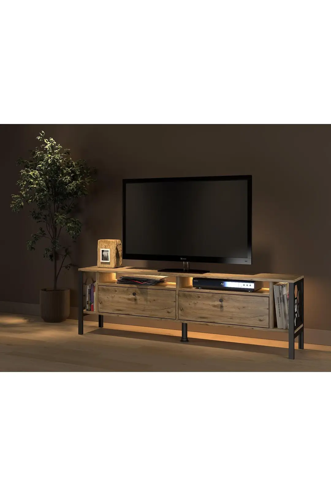 Roma Led Işıklı Özel Tasarım Metal Ayaklı Minifiksli Tv Ünitesi - Tv Sehpası 160 Cm